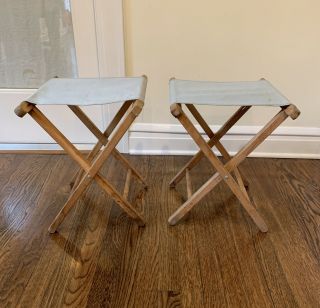 VINTAGE (2) FOLDING CAMP STOOLS CHAIRS GREEN CANVAS & WOOD SET OF TWO VERY GOOD 3