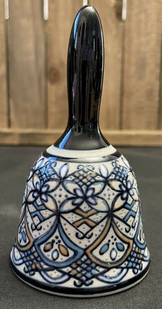 Vintage Mexican Pottery Bell Javier Servin Signed Blue Ceramic