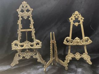 Vintage Antique Set Of Three Brass Picture Frame Holders Table Top Easels