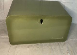 Vintage Mid Century Retro Avocado Green Metal Bread Box With Shelf