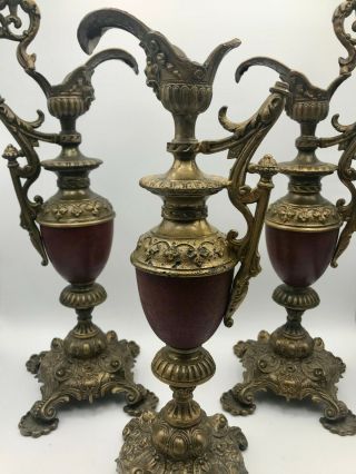 Set Of Antique Vintage Ornate Brass Cast Metal Ewer Urn Pitcher Rare Set Of 3