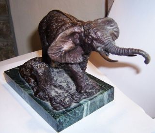 Rare Hy Levens Signed Bronze Charging Elephant On Green Marble Base