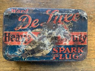 Vintage Montgomery Wards De Luxe Heavy Duty Spark Plugs Tin Box With Lid
