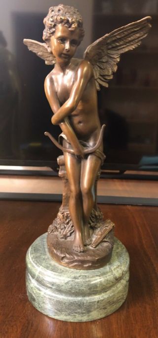 Signed Bronze Figure Auguste H.  Moreau A Winged Cupid 10.  5 "