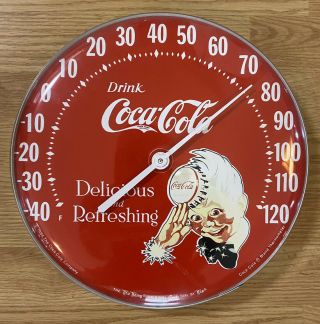Vintage 1984 Drink Coca - Cola 12 " Round Thermometer Sign W/ Sprite Boy (coke)