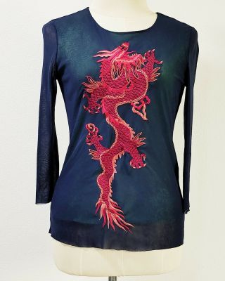Vivienne Tam Vintage Chinese Embroidery Dragon Blue Top Long Sleeve Mesh