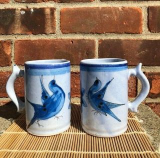 Vtg Mexican Ceramic Mugs Hand Crafted Painted Glazed Blue Bird Flower Butterfly