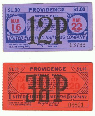 Railway Tram Tickets U S A,  2 No United Electric Rly.  Co. ,  Providence,  R I.  1941