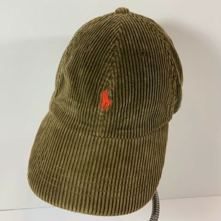 Vintage 90s Polo Ralph Lauren Olive Green Corduroy Leather Strap Hat Cap Rare