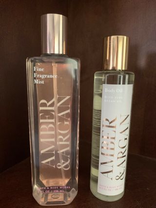Bath And Body Amber & Argan Fragrance Mist 8oz & Oil 6.  3 Oz Rare Read
