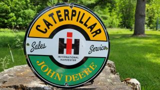 Vintage Caterpillar John Deere Salels Tractor Heavy Metal Porcelain Farm Sign