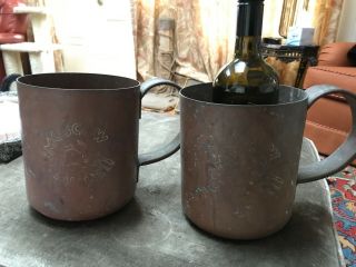 Antique Copper Moscow Mule Mugs Tankards Set 2 Jackass Donkey Etched 7”
