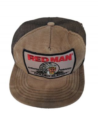 Vintage Red Man Chewing Tobacco Mesh Trucker Hat Corduroy Snapback Cap Patch Usa