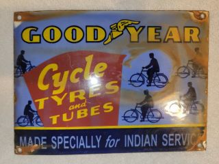 Vintage Goodyear Indian Cycle Tyres Porcelain Sign Indian Motorcycles Harley