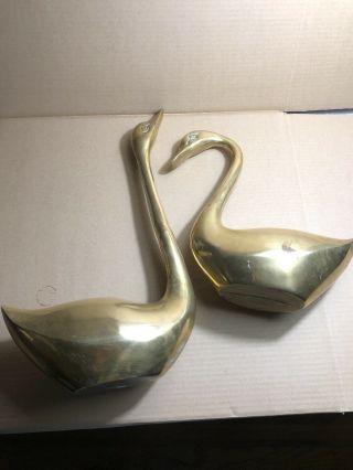 Set Of 2 Large Solid Brass Swans Geese Vintage Mid Century 19 " & 12.  5 " Tall Gold