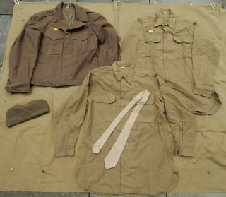 Wwii U.  S.  Army,  Enlisted Man’s O.  D.  Wool Ike Jacket,  Wool Shirts (2),  Large Sz