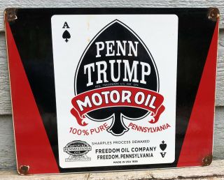 Large Vintage 1936 Dated Penn Trump Motor Oil Porcelain Gas Station Sign