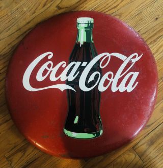 Vintage Coca Cola 20 Inch Round Metallic Button Sign Of Iconic Logo