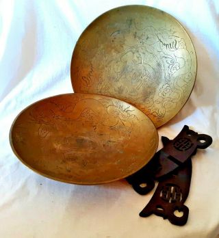Set Of 2 Very Heavy Vintage 10 " Chinese Brass Bowls W/dragon Design,  Wood Stand