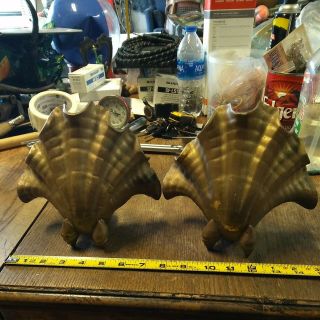 2 - Vintage Solid Brass Basket Sea Shell Decor/bookends - - Awesome Patina - -