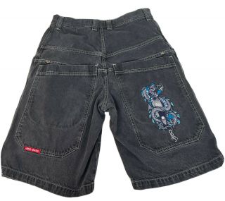 Vintage 90s Jnco Black Jean Denim Shorts Dragon Size 33 Deep Pockets