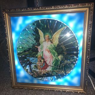 Vtg Kaleidoscope Lighted Motion Guardian Angel With Children Picture In Frame 3