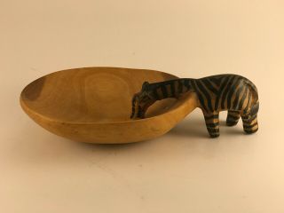 Primitive Hand Carved - Painted Wood Zebra Drinking From Bowl Nut Candy Africa