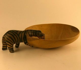 Primitive Hand Carved - Painted Wood Zebra Drinking From Bowl Nut Candy Africa 2