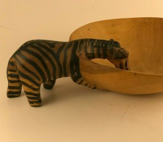 Primitive Hand Carved - Painted Wood Zebra Drinking From Bowl Nut Candy Africa 3