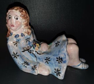 Vintage Cantagalli Italy Sculpture Of A Reclining Girl With Flowers