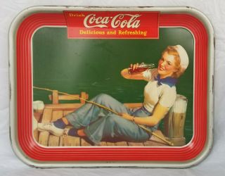 Vintage 1940 Coca Cola Tray Sailor Girl Drink Coke Fishing