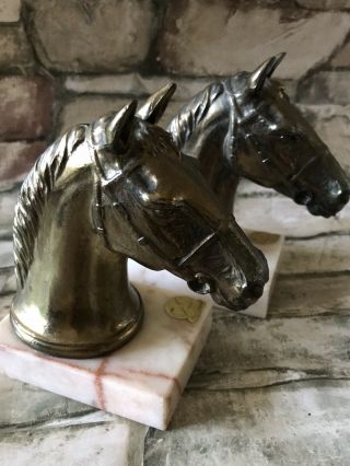 2 Vintage Brass Horse Head Statue Figurine Paperweight Marble Base 5 1/2 " Tall