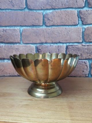 Vintage Mcm Pedestal Bowl Brass Scalloped Edge