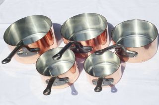Vintage French Copper Saucepan Pan Set 5 Hand Tinned 1.  5 - 2mm 14.  3lbs