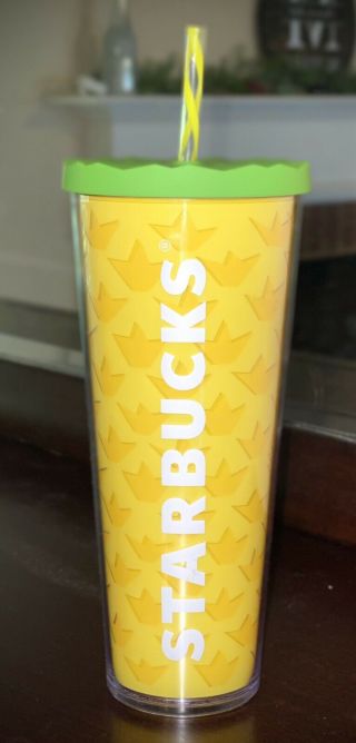 Starbucks Rare 2014 Pineapple Cold Cup Tumbler Venti 24 Oz Yellow Green Lid