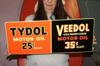 Tydol 25c & Veedol 35c Quart Motor Oil Gas Station 24 " Embossed Metal Sign