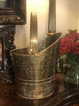 Vintage￼ Hammered Brass Coal Ash Bucket With Handle ￼11”h X 10”w