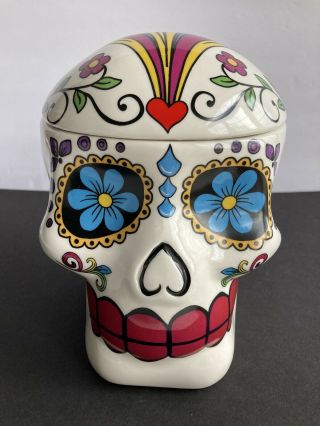 Day Of The Dead Flower Ceramic Skull Cookie Jar