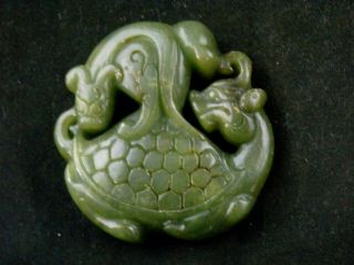 Good Quality Chinese Nephrite Jade Dragon On Dragon - Turtle Pendant S121