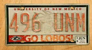 University Of Mexico Lobo Auto License Plate " 496 Unm " Nm Go Lobos