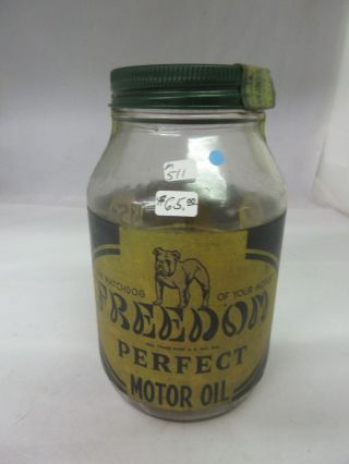 Vintage Advertising Freedom Perfect Motor Oil Glass Jar Garage Shop Tin M - 511