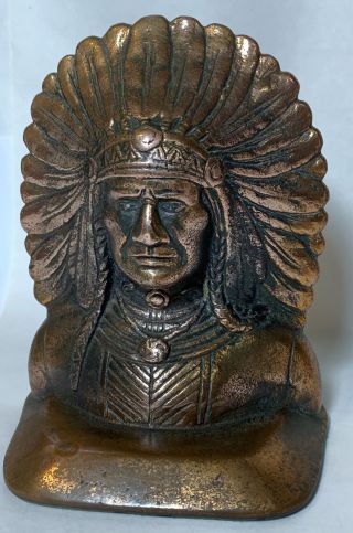 Antique Indian Chief Bronze Metal Art Statue Bookend Swastika Jb?