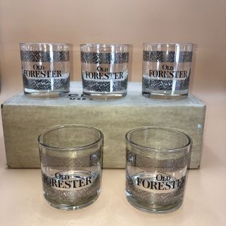 Vtg Mid Century Set Of 5 Old Forester " Go Forestering " Silver Whiskey Glasses