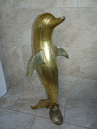 Vintage Arts & Crafts Large Heavy Brass Dolphin - Standing Figure (82cm Tall)