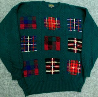 Vtg Brooks Brothers Shetland Wool Sweater Argyle Plaid Green Hand Knit Men 