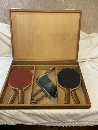 Vintage Antique Lasalle Ping Pong Table Tennis Set In Wooden Case