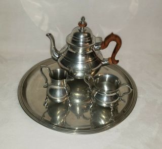 Stieff Williamsburg 4 Piece Pewter Tea Set - Teapot Creamer Sugar & Tray