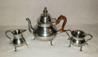 Stieff Williamsburg 4 Piece Pewter Tea Set - Teapot Creamer Sugar & Tray 2
