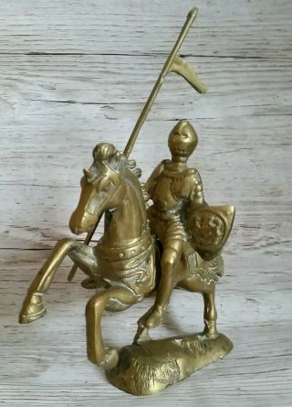 Heavy Vintage Solid Brass Figure Of Medieval Armoured Knight Mounted On Horse