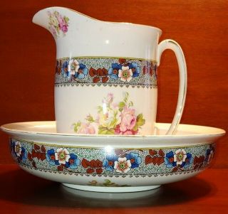 Vintage Antique Large Porcelain Wash Pitcher Bowl L & Sons Hanley England Roses